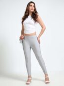 Silver Grey Nylon Spandex Shimmer Leggings | VSTFAB's Chic Sparkle